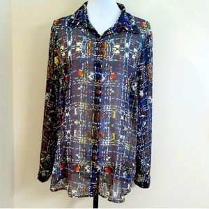 Vintage CAbi sheer festival print blouse, size XL
